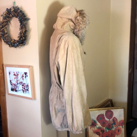 Shea Paris Vail size 14 Suede Leather & Fur Parka Made in USA Cinched Waist Tan - Picture 5 of 16